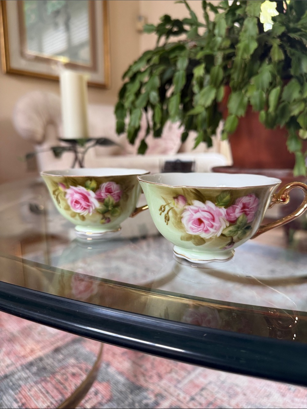 Pair of Vintage Lefton Hand Painted China Tea Cups Green Heritage Rose